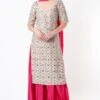 Stone Silk Circle Embroidered Kurta With Hot Pink Silkmul Skirt With Hot Pink Georgette Dupatta