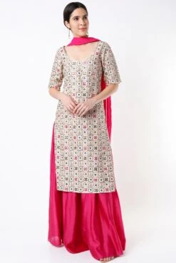 Stone Silk Circle Embroidered Kurta With Hot Pink Silkmul Skirt With Hot Pink Georgette Dupatta