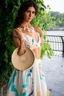 Luna Off White Ikat Splash Print Crepe Top With Front Slit Gathered Skirt -Incasee Ceantral psts00304 1