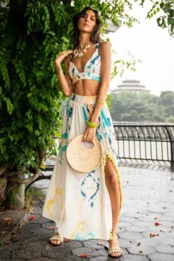 Luna Off White Ikat Splash Print Crepe Top With Front Slit Gathered Skirt -Incasee Ceantral psts00306