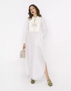 The Scalloped Column Dress W Hand Embroidered Palm On Pleated Yoke