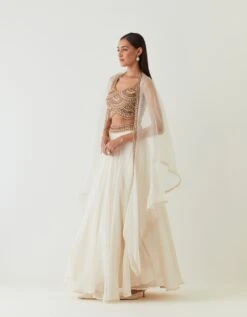 Ivory Scallop Embellished Blouse With Organza Skirt Set -Incasee Ceantral rbv132