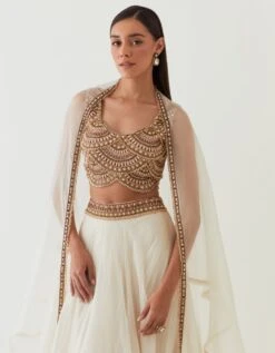 Ivory Scallop Embellished Blouse With Organza Skirt Set -Incasee Ceantral rbv134