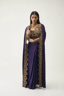 Purple Cotton Embroidered Skrit Set
