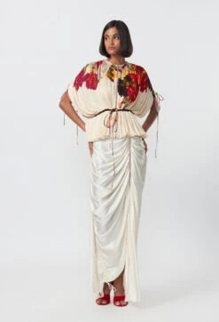 Ivory Silk Draped Assymetric Skirt With Zipper Detailing