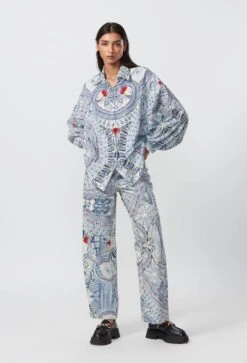 Blue Batwing Abstract Print Oversized Shirt