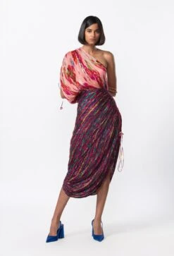 Purple Dual Floral And Leheriya Print With Hand Micro Pleated Sari Style Dress
