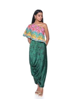 Pink And Teal Embroidered One Shoulder Top And Drape Skirt