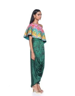 Pink And Teal Embroidered One Shoulder Top And Drape Skirt -Incasee Ceantral sbdf0293