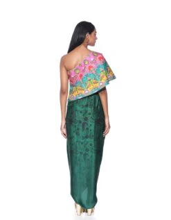 Pink And Teal Embroidered One Shoulder Top And Drape Skirt -Incasee Ceantral sbdf029b