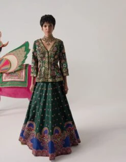 Bottle Green Embroidered Peplum Top & Lehenga Set