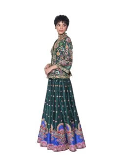 Bottle Green Embroidered Peplum Top & Lehenga Set -Incasee Ceantral sbdf0373