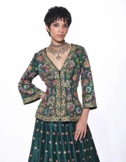 Bottle Green Embroidered Peplum Top & Lehenga Set -Incasee Ceantral sbdf0374