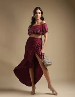 Off-Shoulder Top & Skirt In Wine