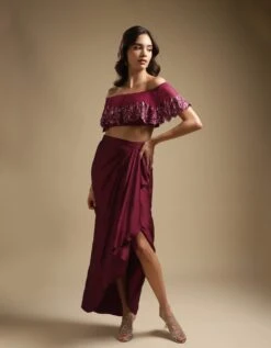 Off-Shoulder Top & Skirt In Wine -Incasee Ceantral sk732wine3