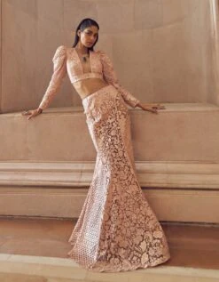 Rose Gold Solarium Hand Embellished Blouse And Skirt Set