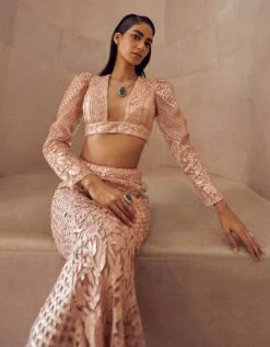 Rose Gold Solarium Hand Embellished Blouse And Skirt Set -Incasee Ceantral solariumob