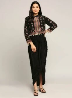 Black Ethnic Folklore Printed Top With Drape Skirt
