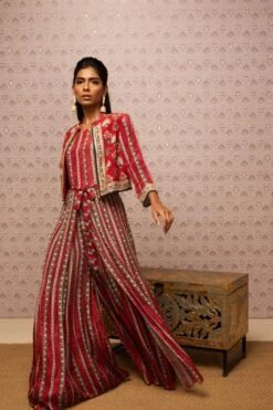 Red Sarouk Embroidered Jumpsuit With Jacket -Incasee Ceantral sp36293