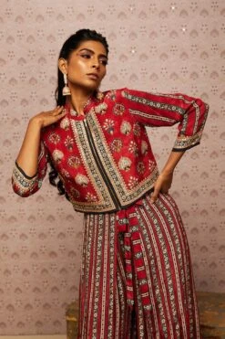 Red Sarouk Embroidered Jumpsuit With Jacket -Incasee Ceantral sp36294