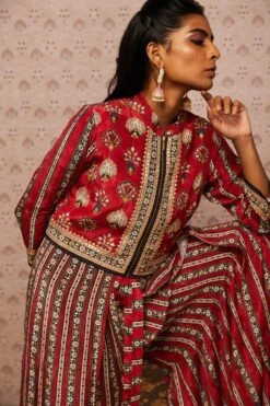 Red Sarouk Embroidered Jumpsuit With Jacket -Incasee Ceantral sp36295