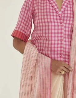 Gingham Pink Fine Silk Khadi Shirt Blouse -Incasee Ceantral ss230342