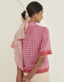 Gingham Pink Fine Silk Khadi Shirt Blouse -Incasee Ceantral ss23034b