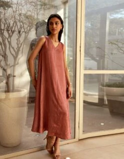 Holly Old Rose Stripe Print V Neck Dress