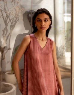 Holly Old Rose Stripe Print V Neck Dress -Incasee Ceantral ss23st01b