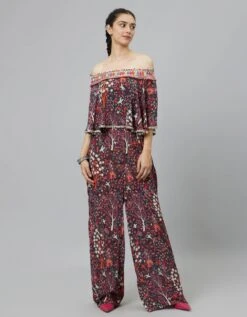 Concrete Jungle Print Off-Shoulder Jumpsuit With Attached Cape