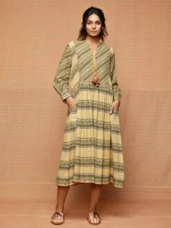 Green And Beige Etta Gathered Dress/Tunic