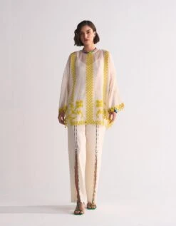 Ivory Tablemat Shirt With Applique And Cutwork