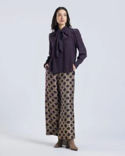 Brown Scarf Neck Silk Blouse