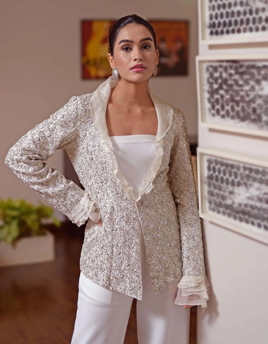 White Frost Hand Embroidered Jacket With Jumpsuit 3 White Frost Hand Embroidered Jacket With Jumpsuit