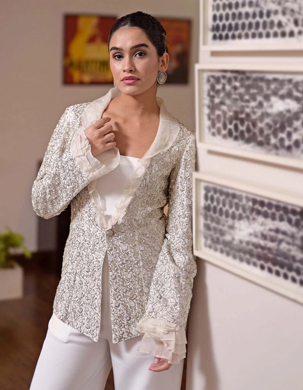 White Frost Hand Embroidered Jacket With Jumpsuit 5 White Frost Hand Embroidered Jacket With Jumpsuit - Image 3