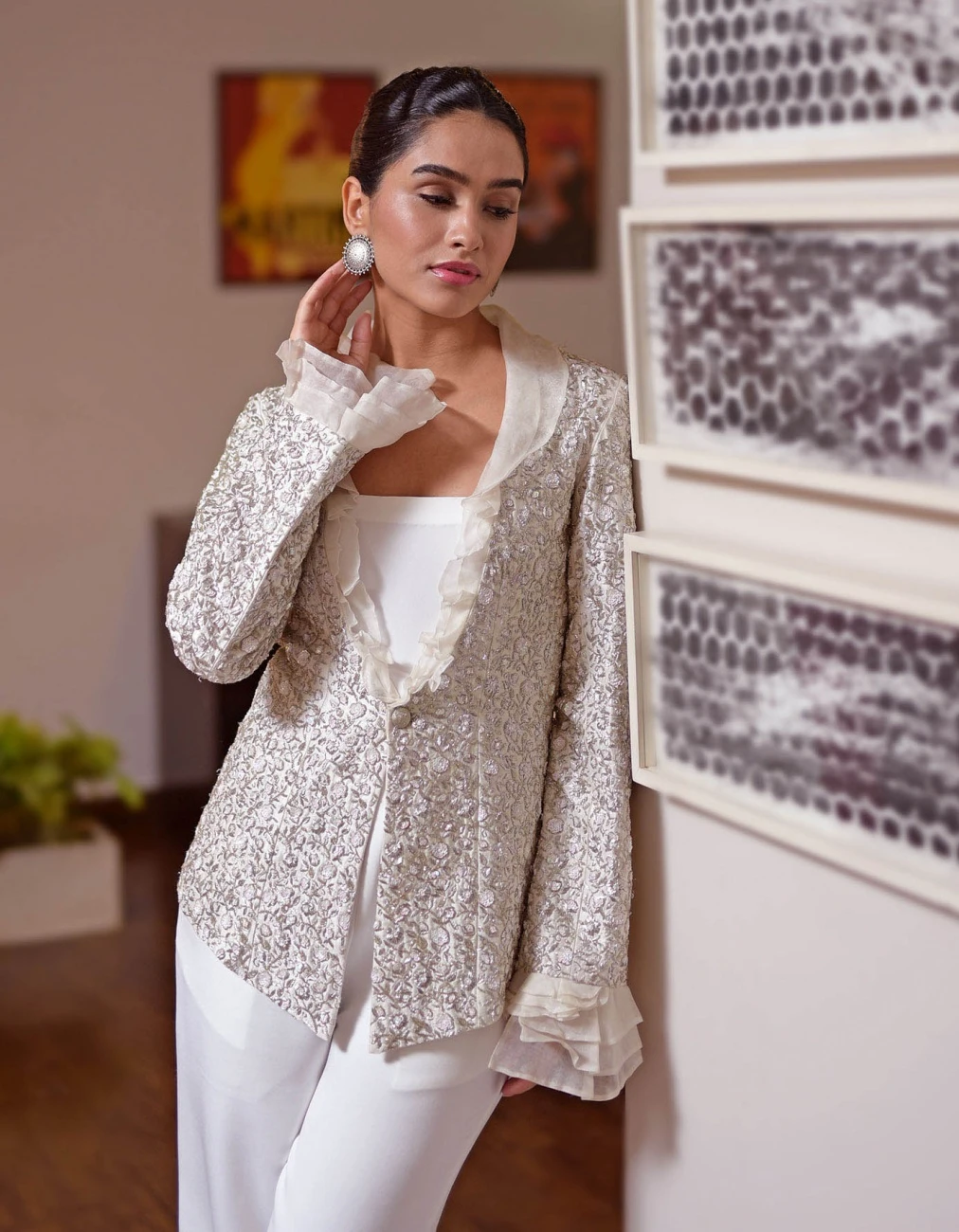 White Frost Hand Embroidered Jacket With Jumpsuit 6 White Frost Hand Embroidered Jacket With Jumpsuit - Image 4