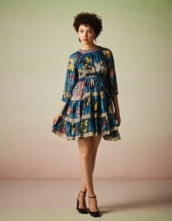 Multiprinted Lce Detailing Lurex Mini Dress