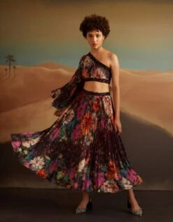 Pleated Midi Skirt With Embroidered Waistband