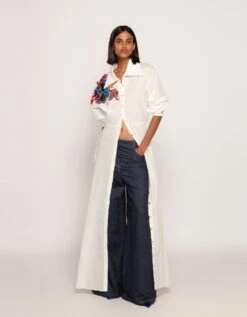 Maxi Length Shirt Dress With Hand Embroidered Mirrors, Tassles And Thread Work Shoulder Detailing