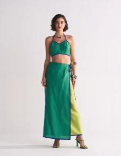 Green Colour Blocked Wrap Skirt