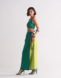 Green Colour Blocked Wrap Skirt -Incasee Ceantral wak100273