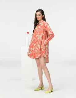 Rainforest Oversized Shirt Coral Cotton Silk Check -Incasee Ceantral ws470csc5572