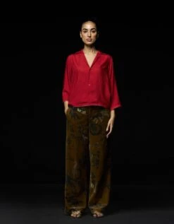 Cuban Ribbed Shirt Red Cotton Silk Twill