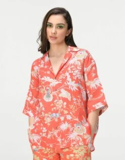 Rainforest Oversized Bush Shirt Coral Linen -Incasee Ceantral ws479li5573
